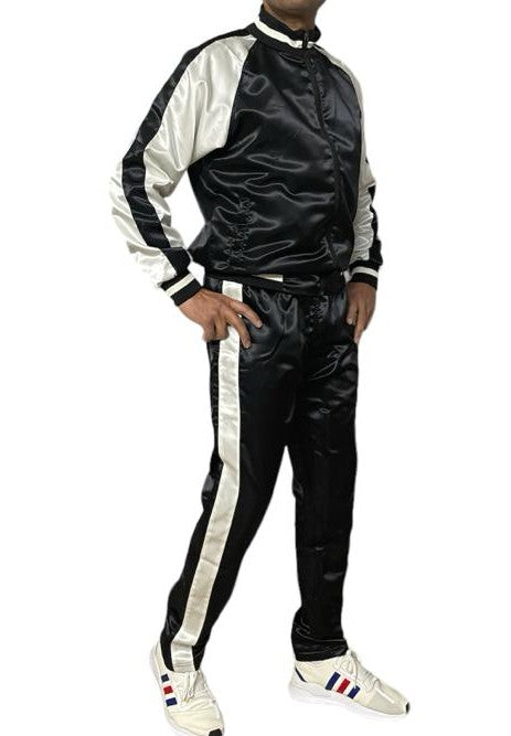 .Black Satin Sports Jogging Suit with white Stripes.