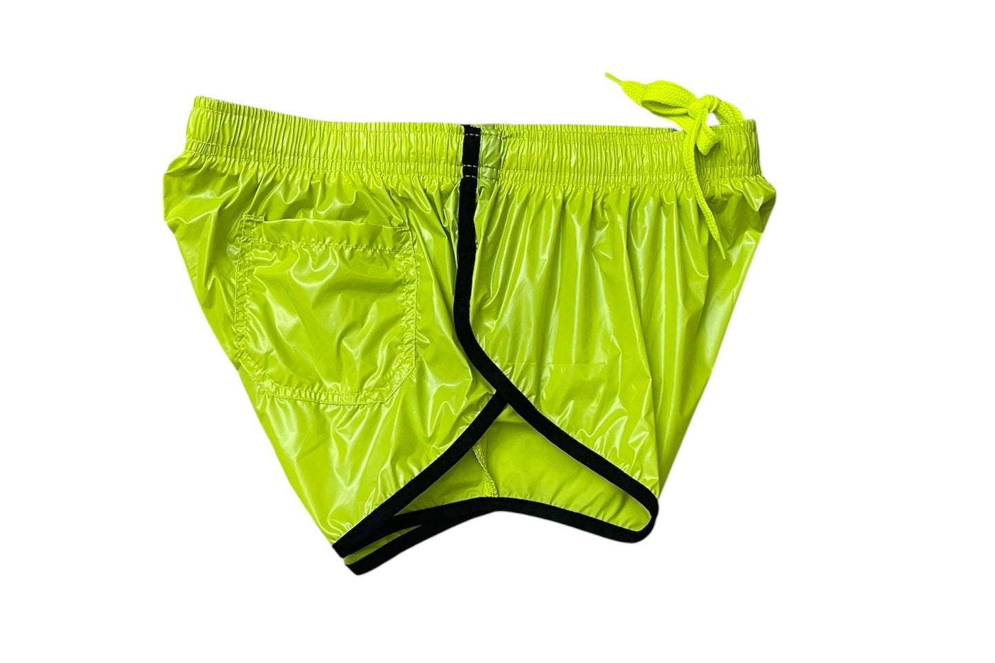 PU Nylon Neon Grün Schwarz High Cut Sport Sprint Shorts mit Gummizug Retro Shorts