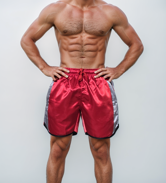 Glossy Red Sports Shorts with grey Stripes.