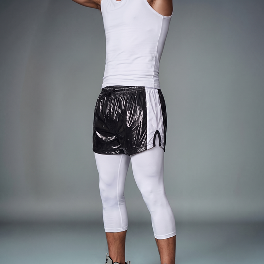 Black PU nylon retro sports shorts, detail view