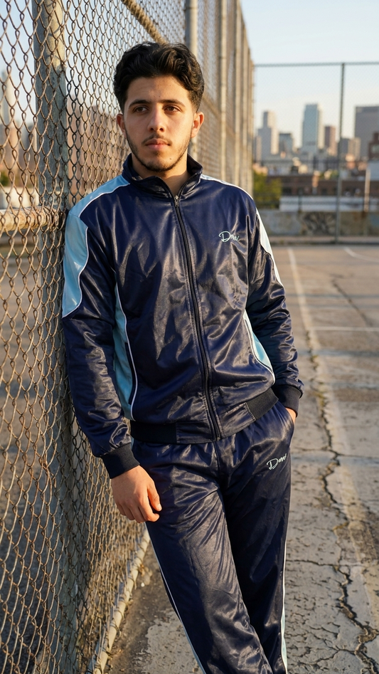 Navy Blue Satin Tracksuit with Sky-Blue Stripes