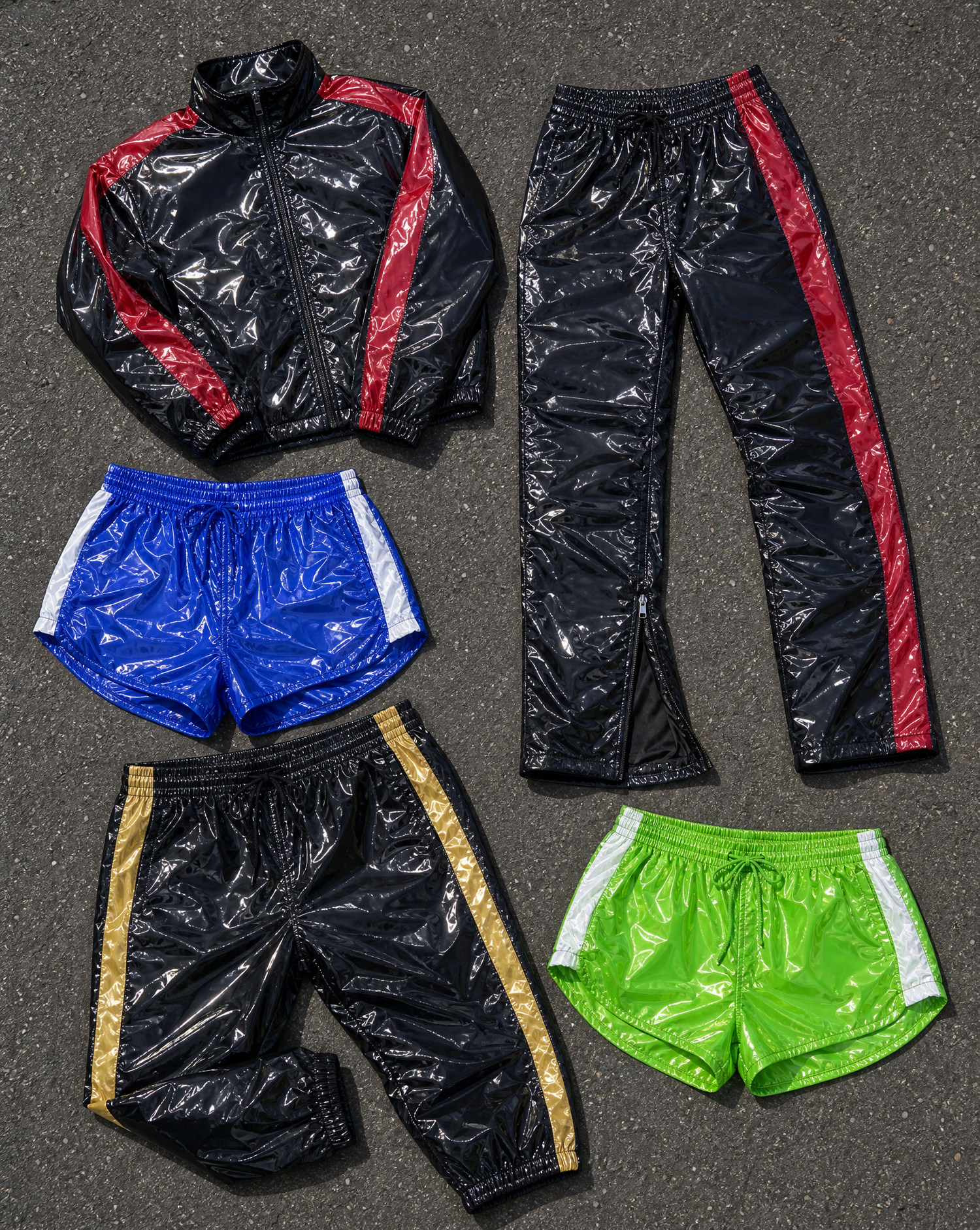Glossy PU nylon track jacket, side-zip pants and sprint shorts laid out on asphalt — D-Mode Welt PU Nylon Collection