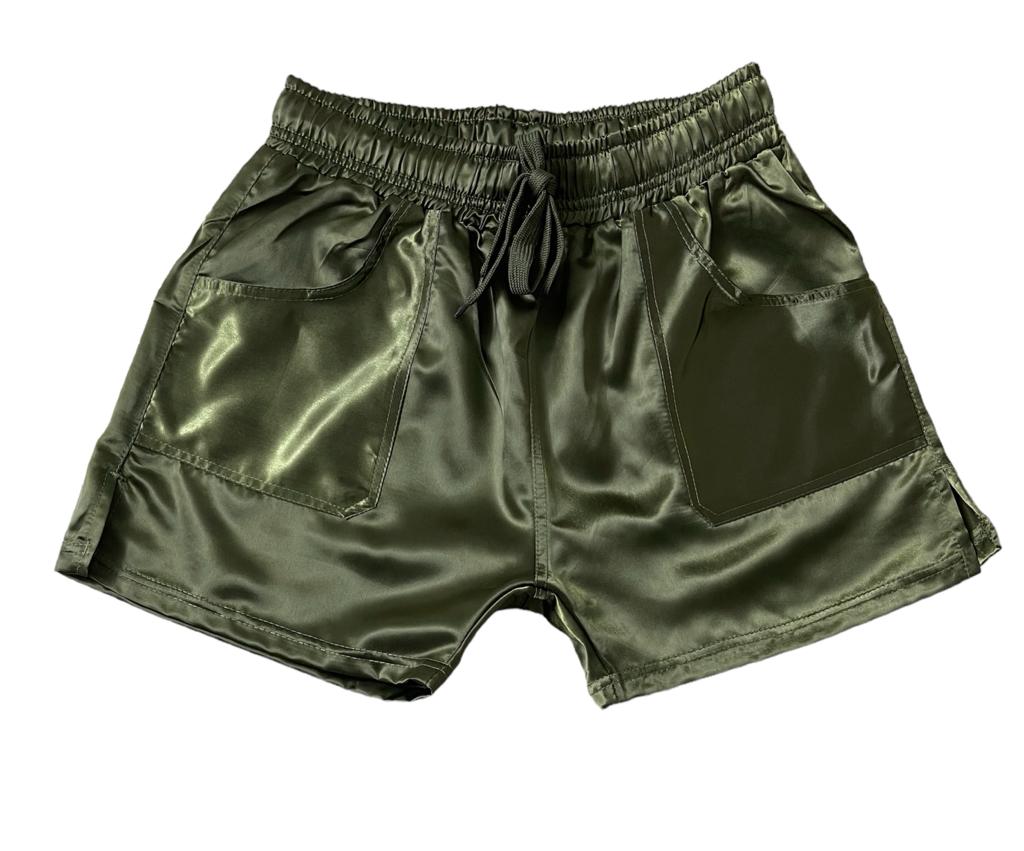 Men's olive green glossy satin shorts in vintage style