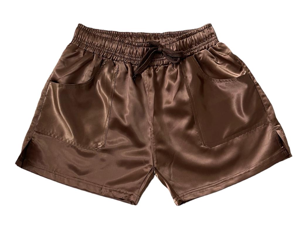Men's brown glossy satin shorts in vintage style