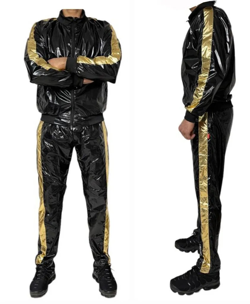 .Shiny PU Nylon Tracksuit – Retro Sport Style.