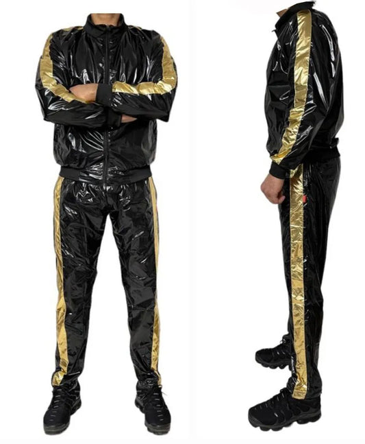 Shiny PU Nylon Tracksuit – Retro Sport Style.