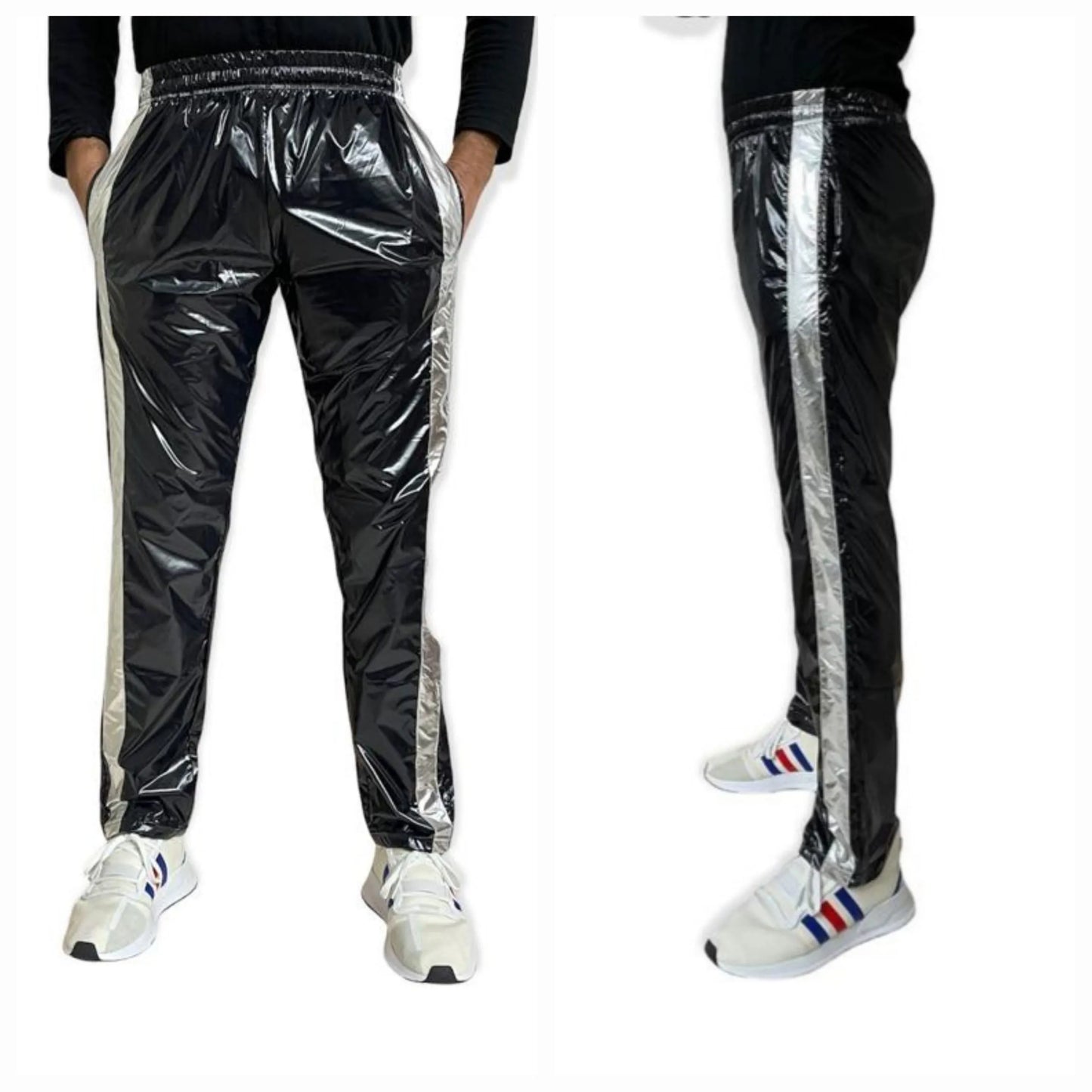 .PU Nylon Sport Jogginghose aus PU Schwarz Silber Glanz Nylon