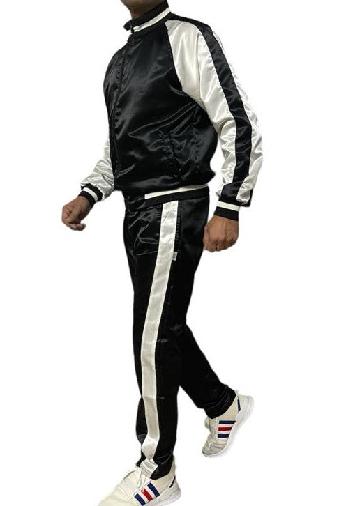 .Black Satin Sports Jogging Suit with white Stripes.