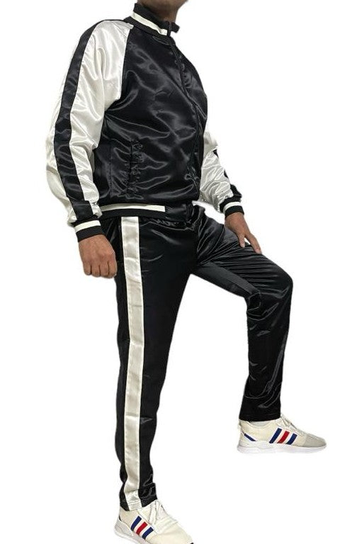 .Black Satin Sports Jogging Suit with white Stripes.