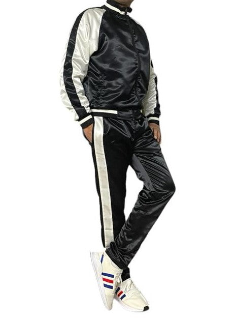 .Black Satin Sports Jogging Suit with white Stripes.