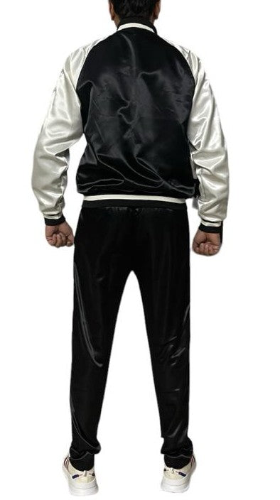 .Black Satin Sports Jogging Suit with white Stripes.
