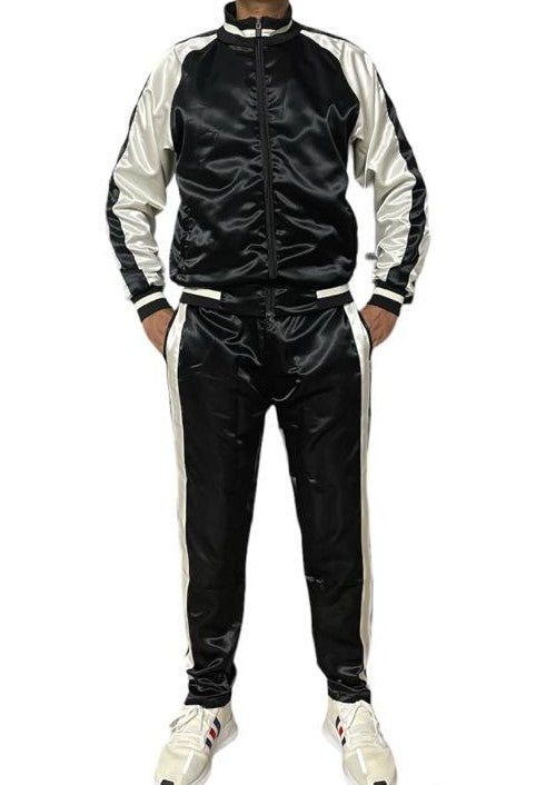 .Black Satin Sports Jogging Suit with white Stripes.