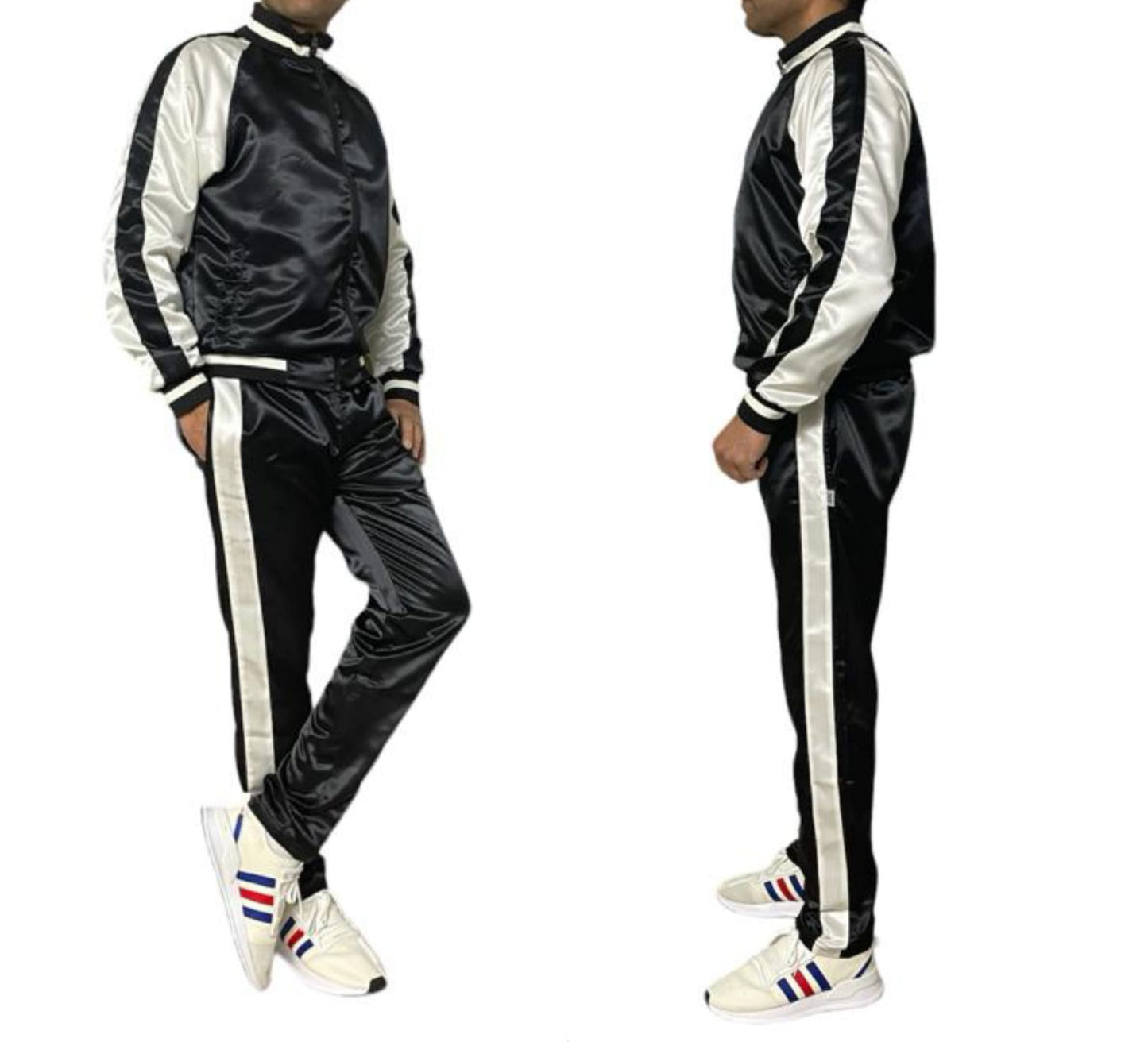 .Black Satin Sports Jogging Suit with white Stripes.