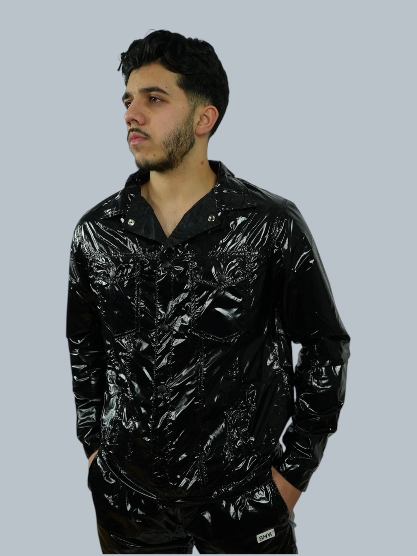 Black Glossy PU Nylon Tracksuit