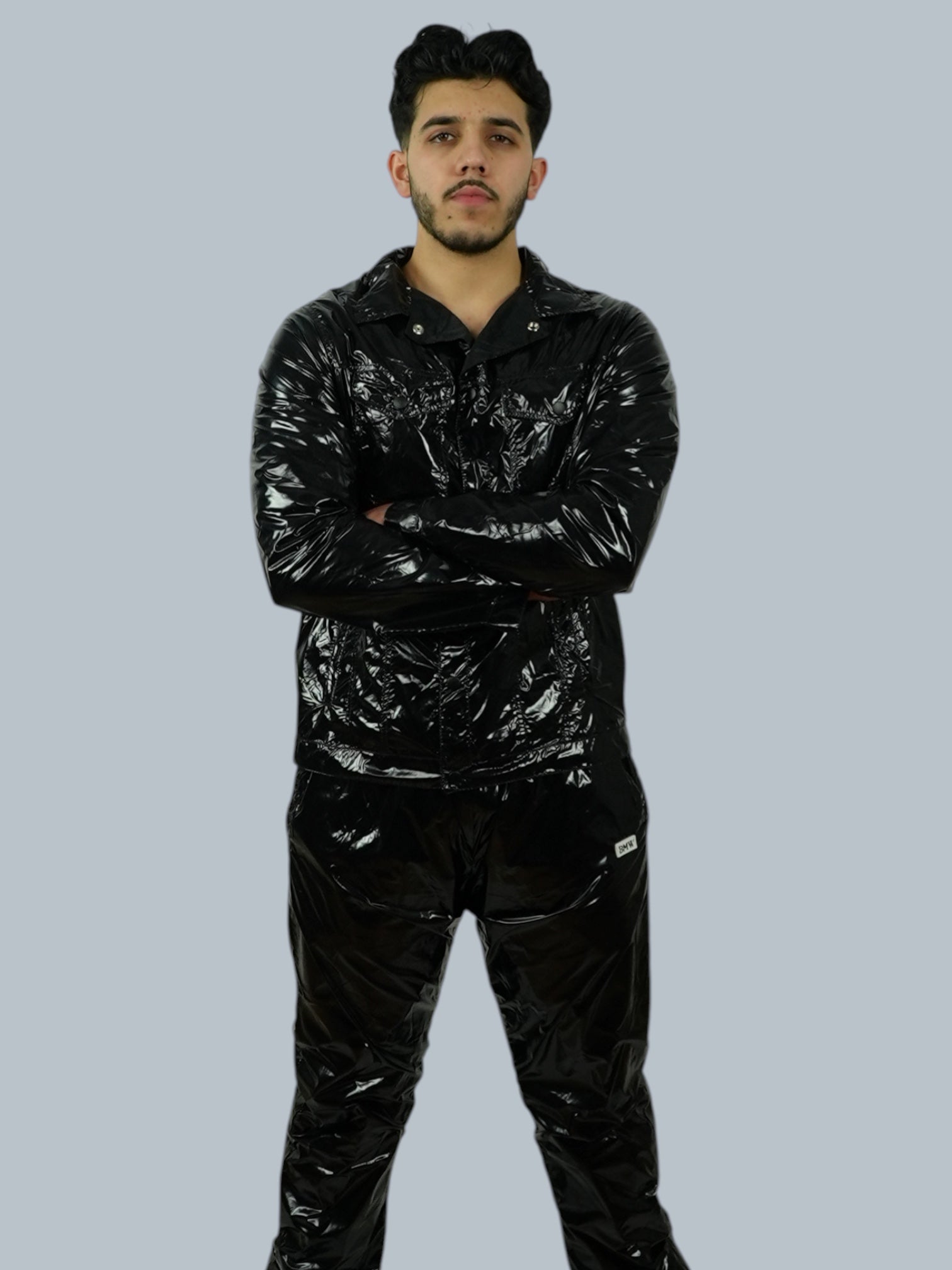 Black Glossy PU Nylon Tracksuit