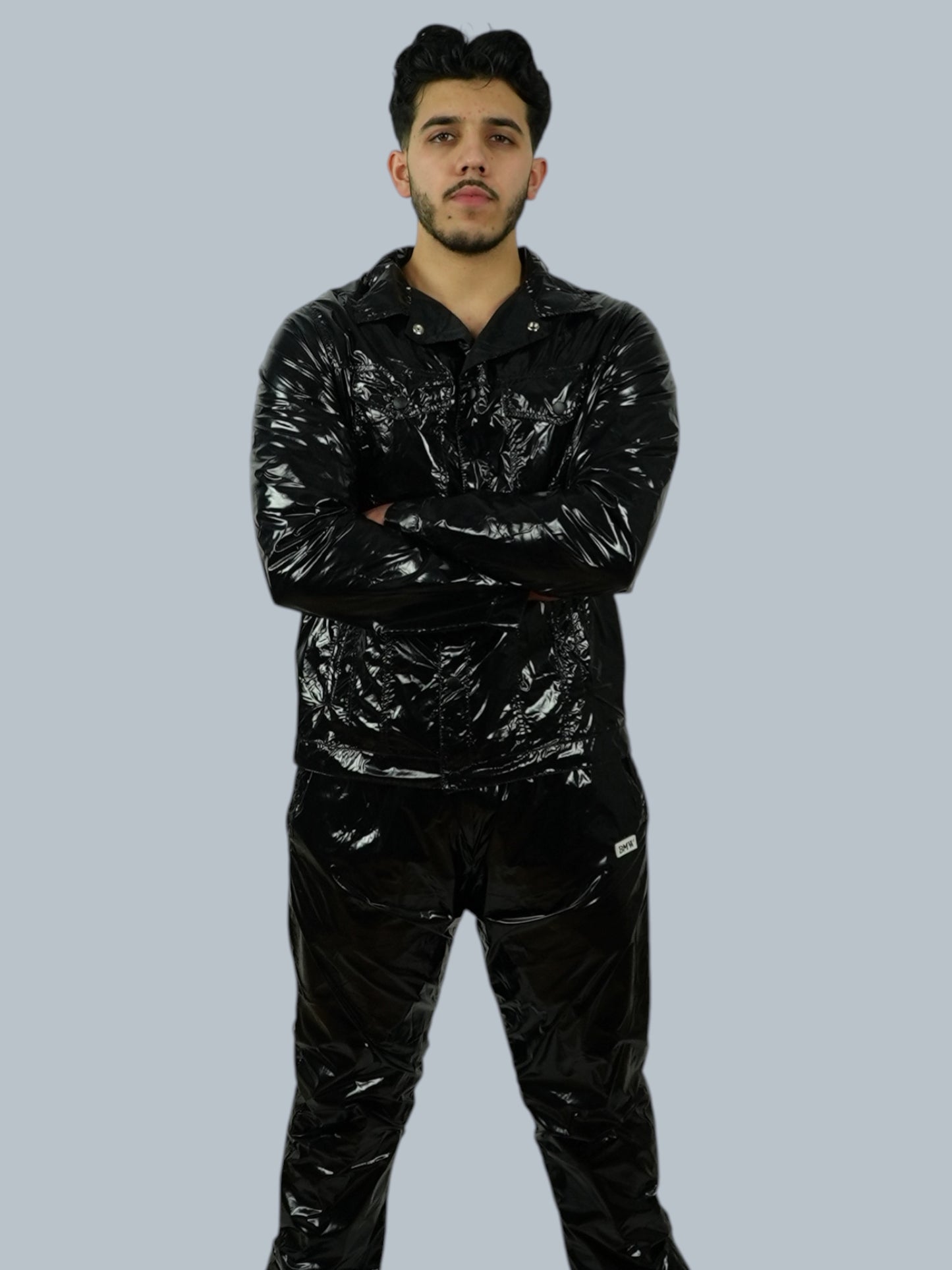 Black Glossy PU Nylon Tracksuit