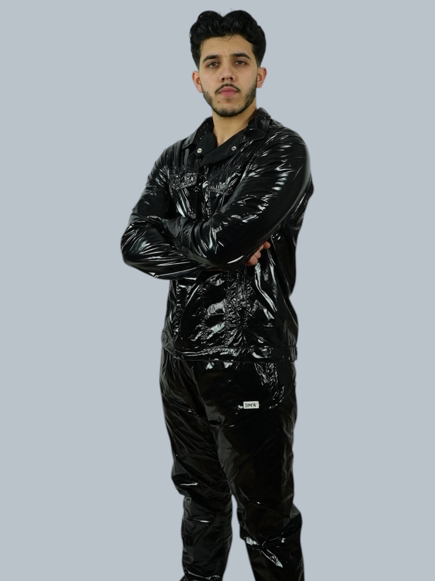 Black Glossy PU Nylon Tracksuit