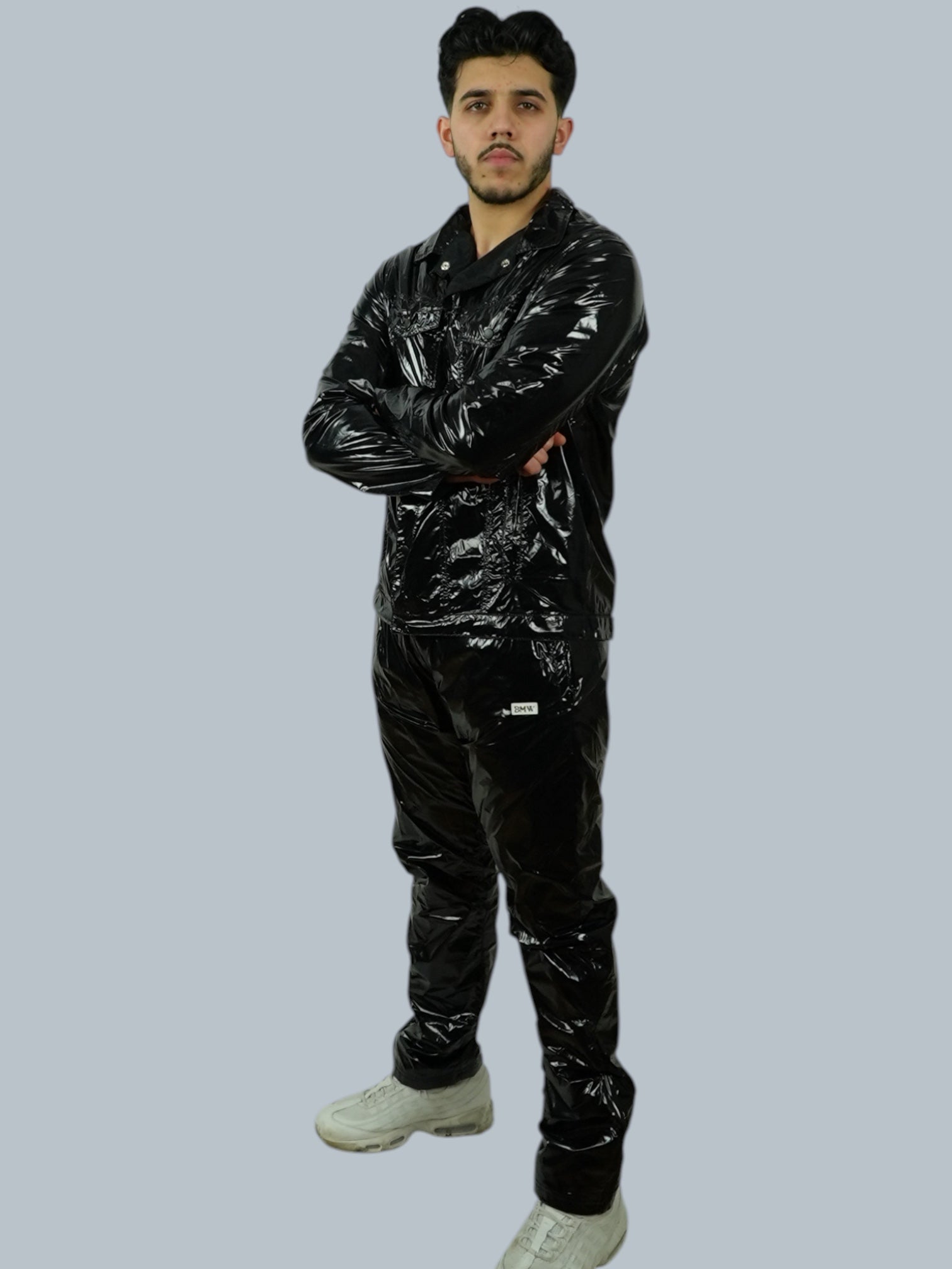 Black Glossy PU Nylon Tracksuit