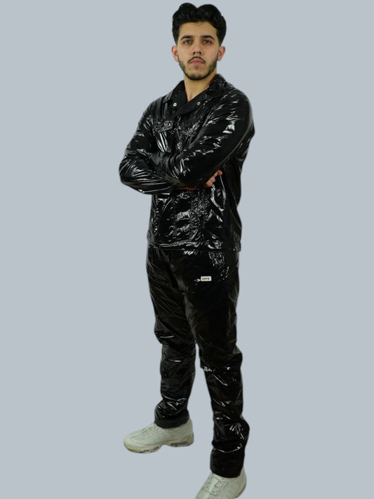 Black Glossy PU Nylon Tracksuit