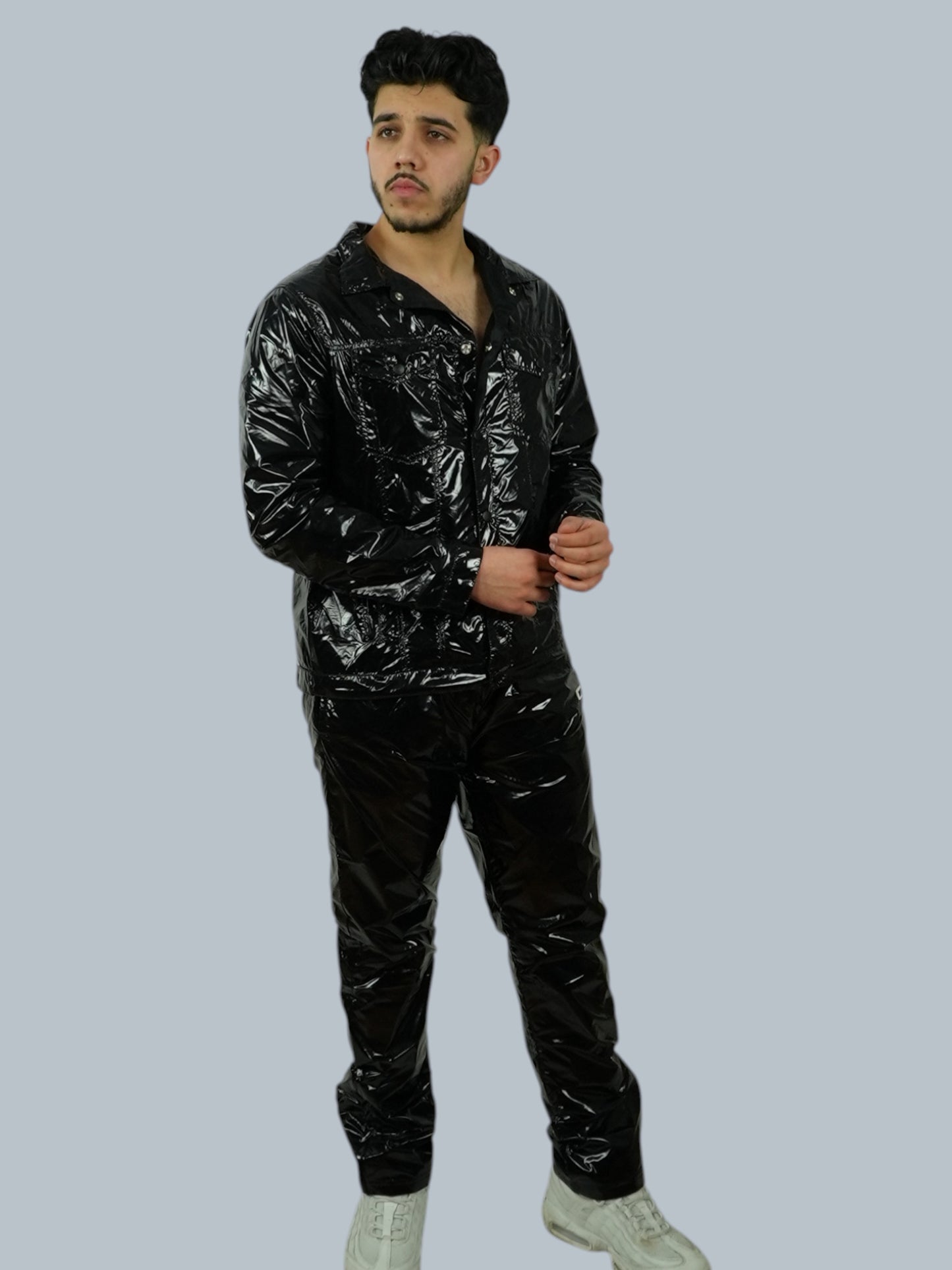 Black Glossy PU Nylon Tracksuit