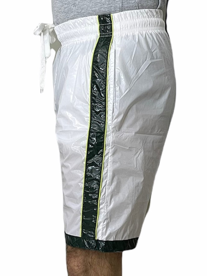White Shiny PU Nylon Fitness Shorts, AeroFlex, flexibke sweat Short