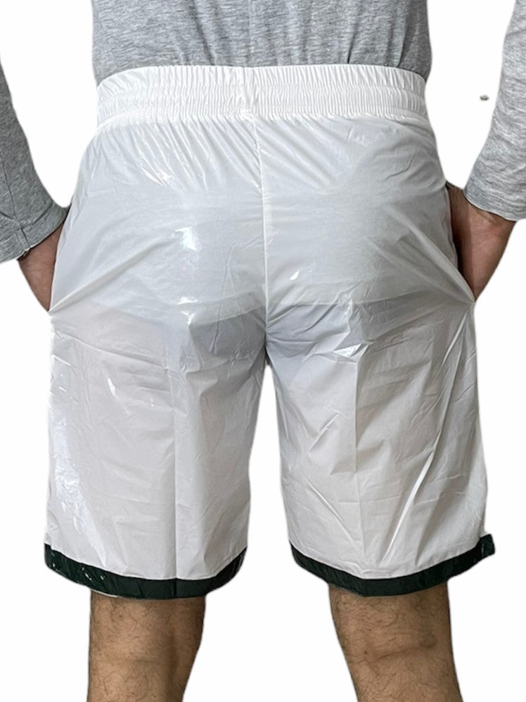 White Shiny PU Nylon Fitness Shorts, AeroFlex, flexibke sweat Short