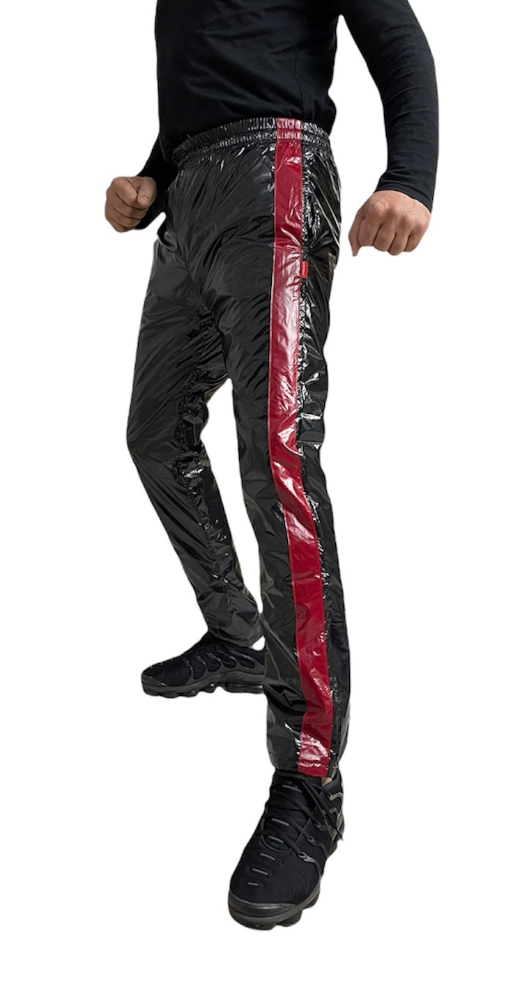 .PU nylon sport jogging pants made of PU gloss nylon red strips