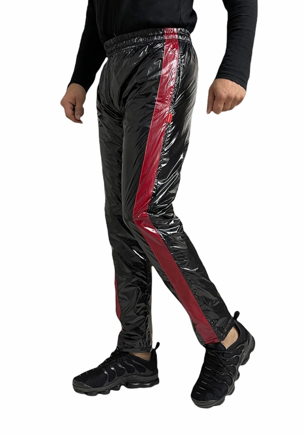 .PU nylon sport jogging pants made of PU gloss nylon red strips