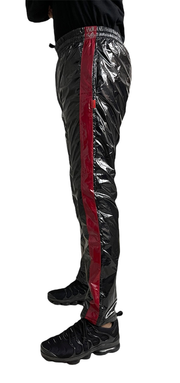 .PU nylon sport jogging pants made of PU gloss nylon red strips
