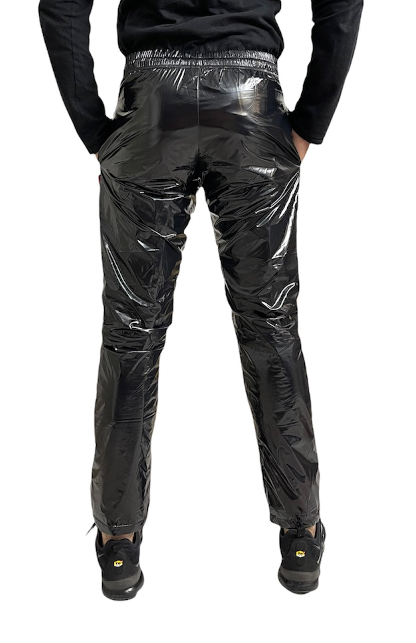 .PU nylon sport jogging pants made of PU gloss nylon red strips