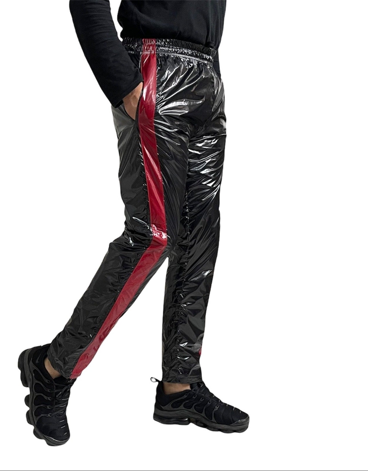 .PU nylon sport jogging pants made of PU gloss nylon red strips