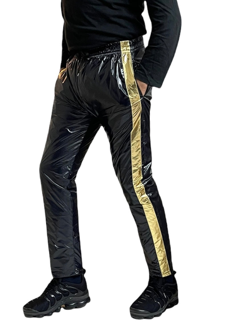 .PU Nylon Sport Jogging hose aus PU Schwarz Gold Glanz Nylon