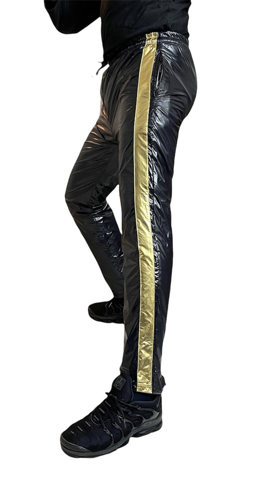 PU Nylon Sport Track Pants – Black/Gold Gloss Nylon
