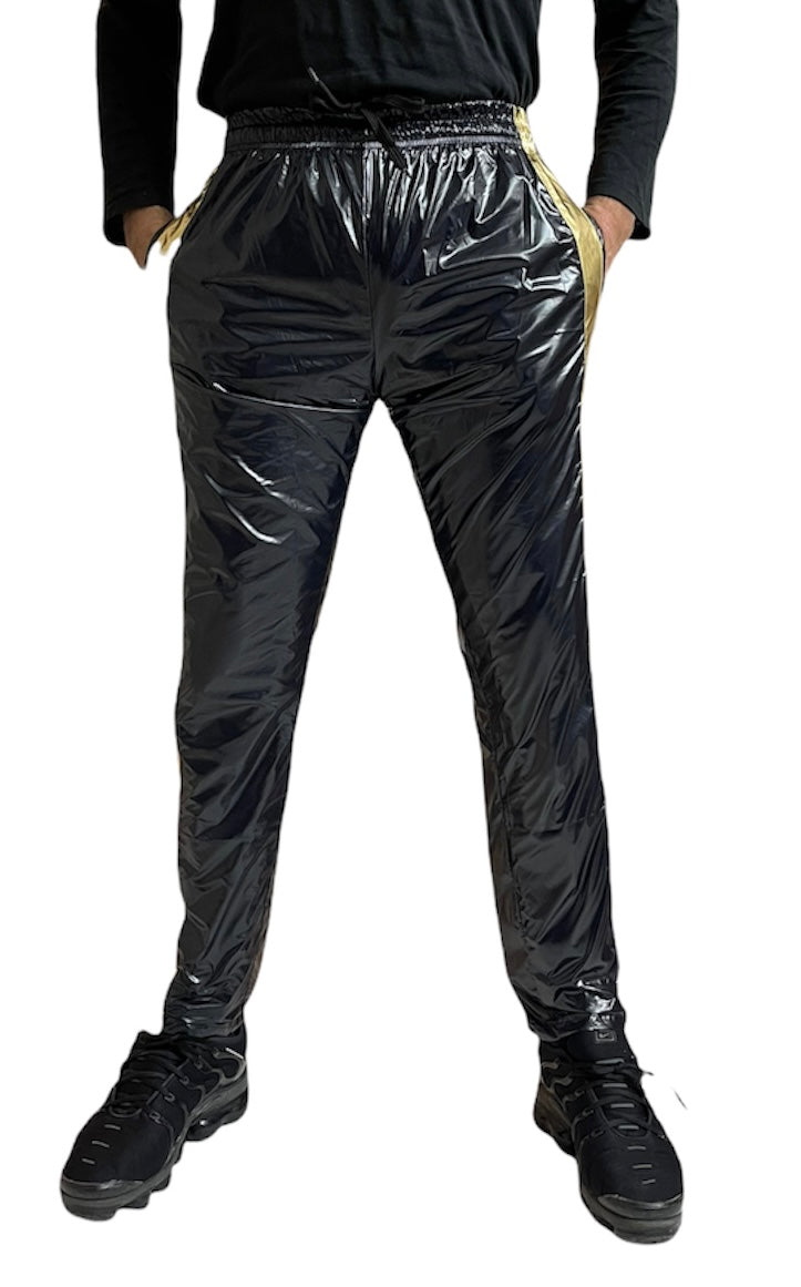 .PU Nylon Sport Jogging hose aus PU Schwarz Gold Glanz Nylon