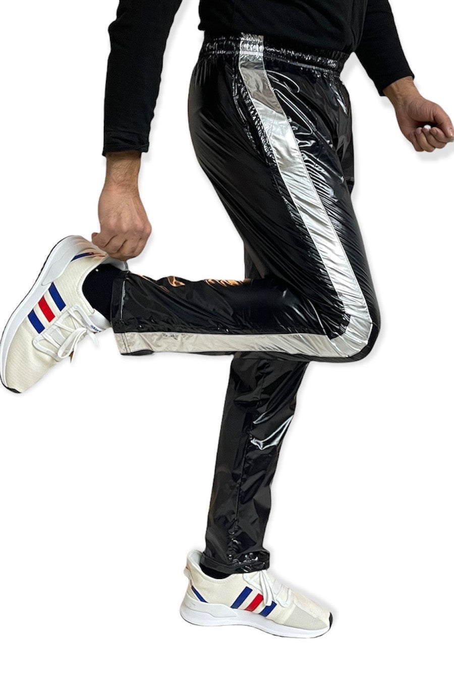 .PU Nylon Sport Jogginghose aus PU Schwarz Silber Glanz Nylon