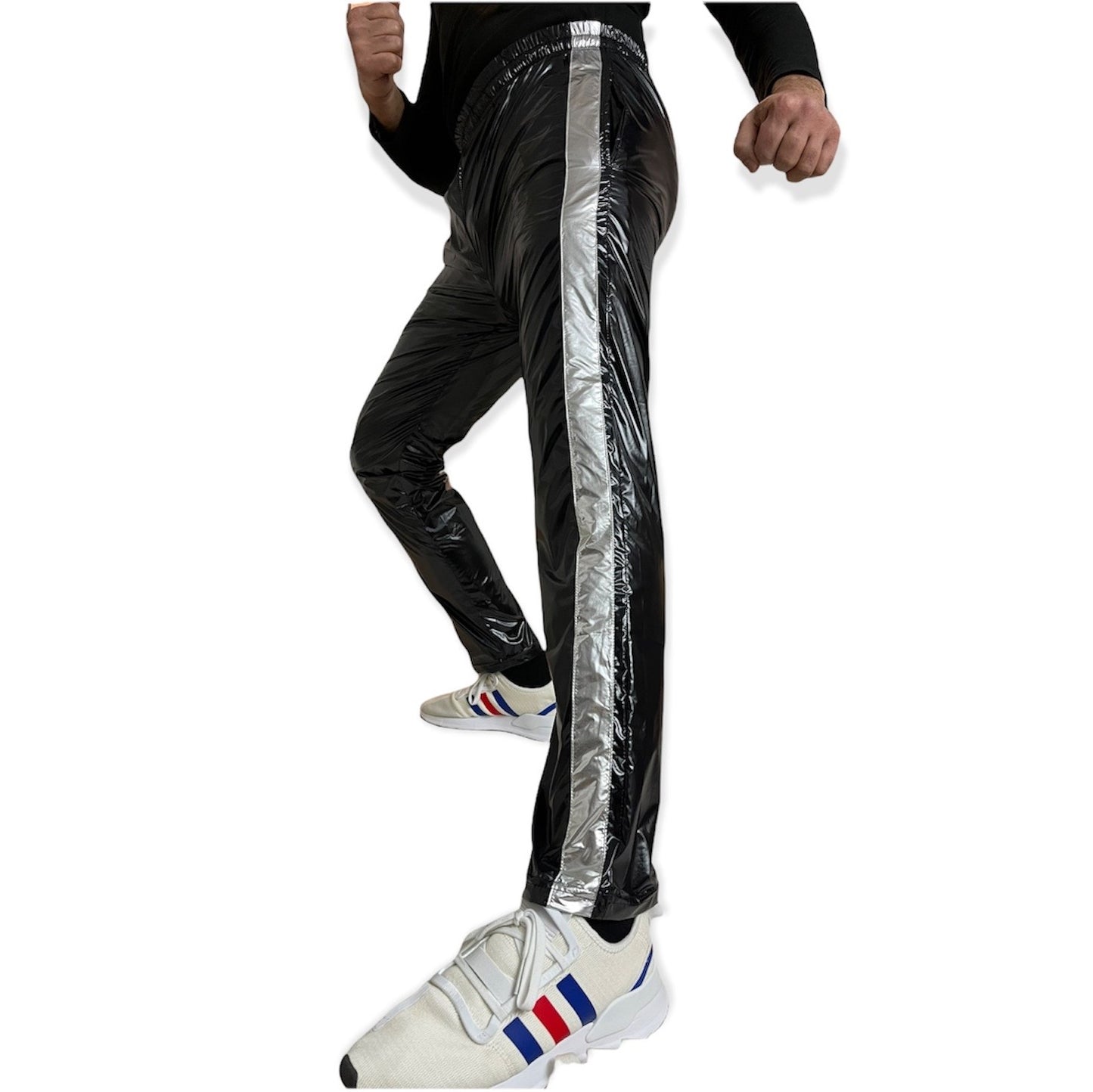 .PU Nylon Sport Jogginghose aus PU Schwarz Silber Glanz Nylon