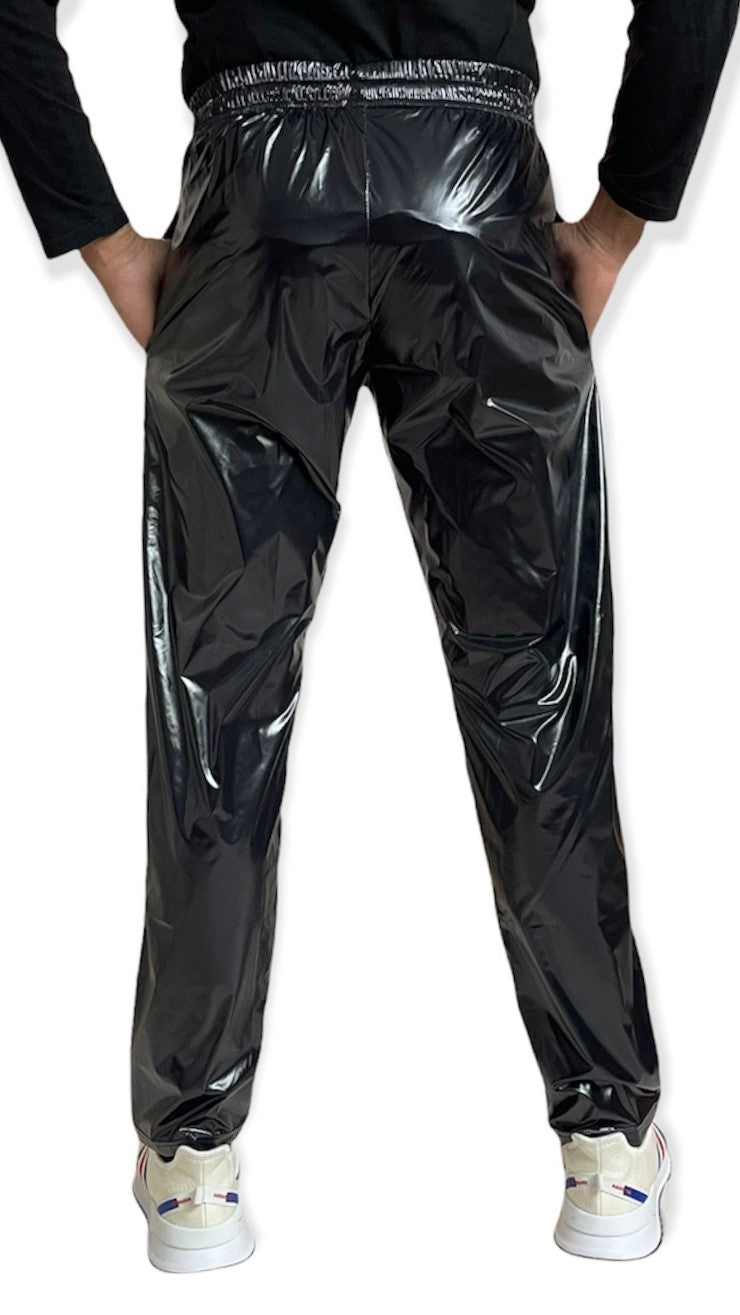 .PU Nylon Sport Jogginghose aus PU Schwarz Silber Glanz Nylon