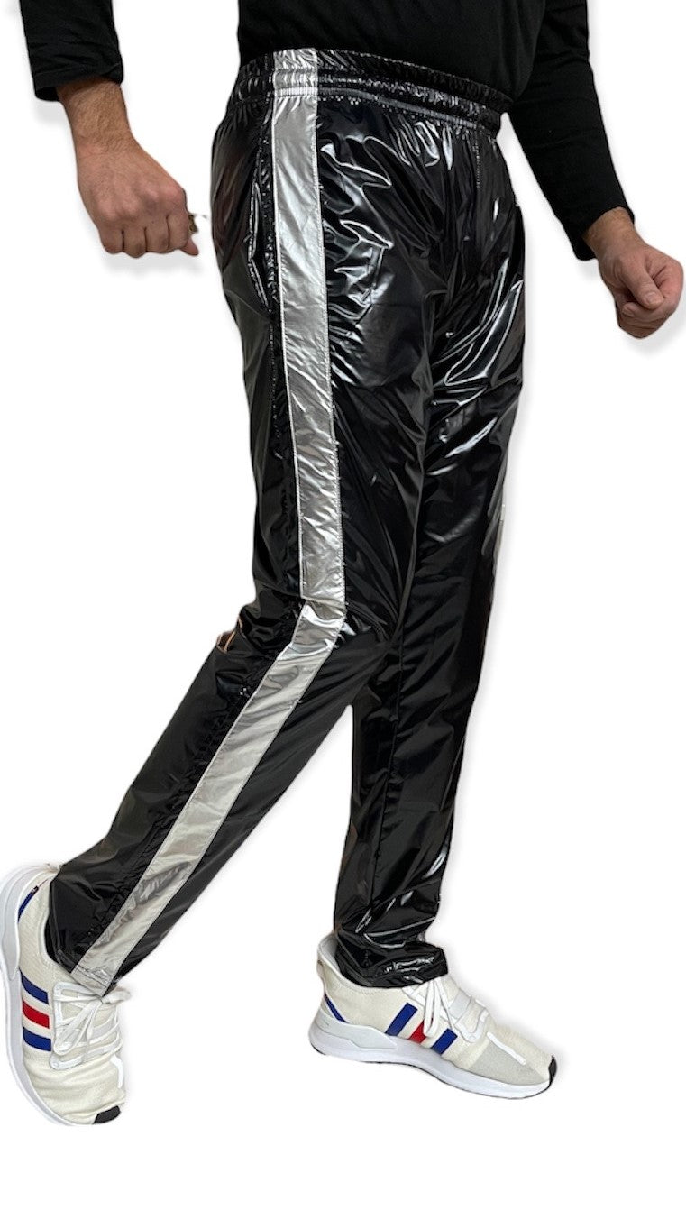 .PU Nylon Sport Jogginghose aus PU Schwarz Silber Glanz Nylon