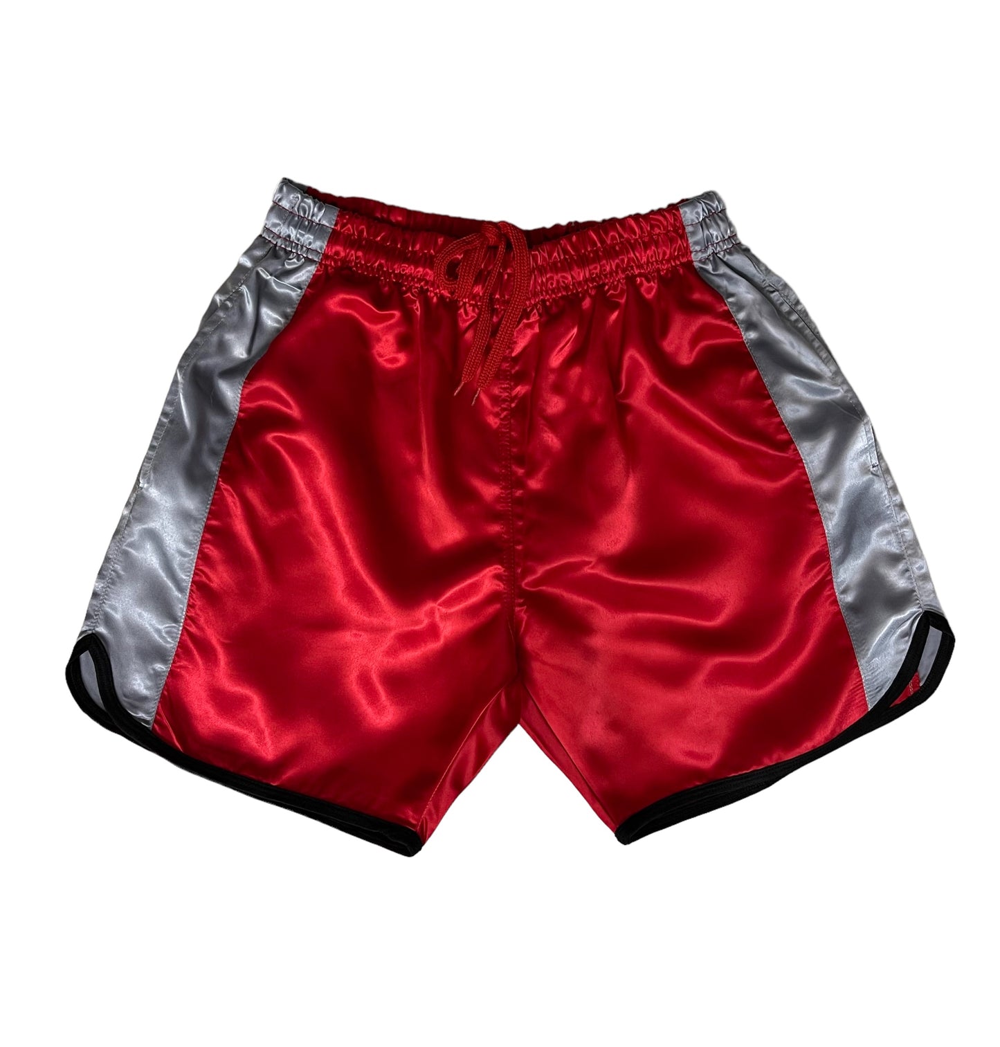 Glossy Red Sports Shorts with grey Stripes.