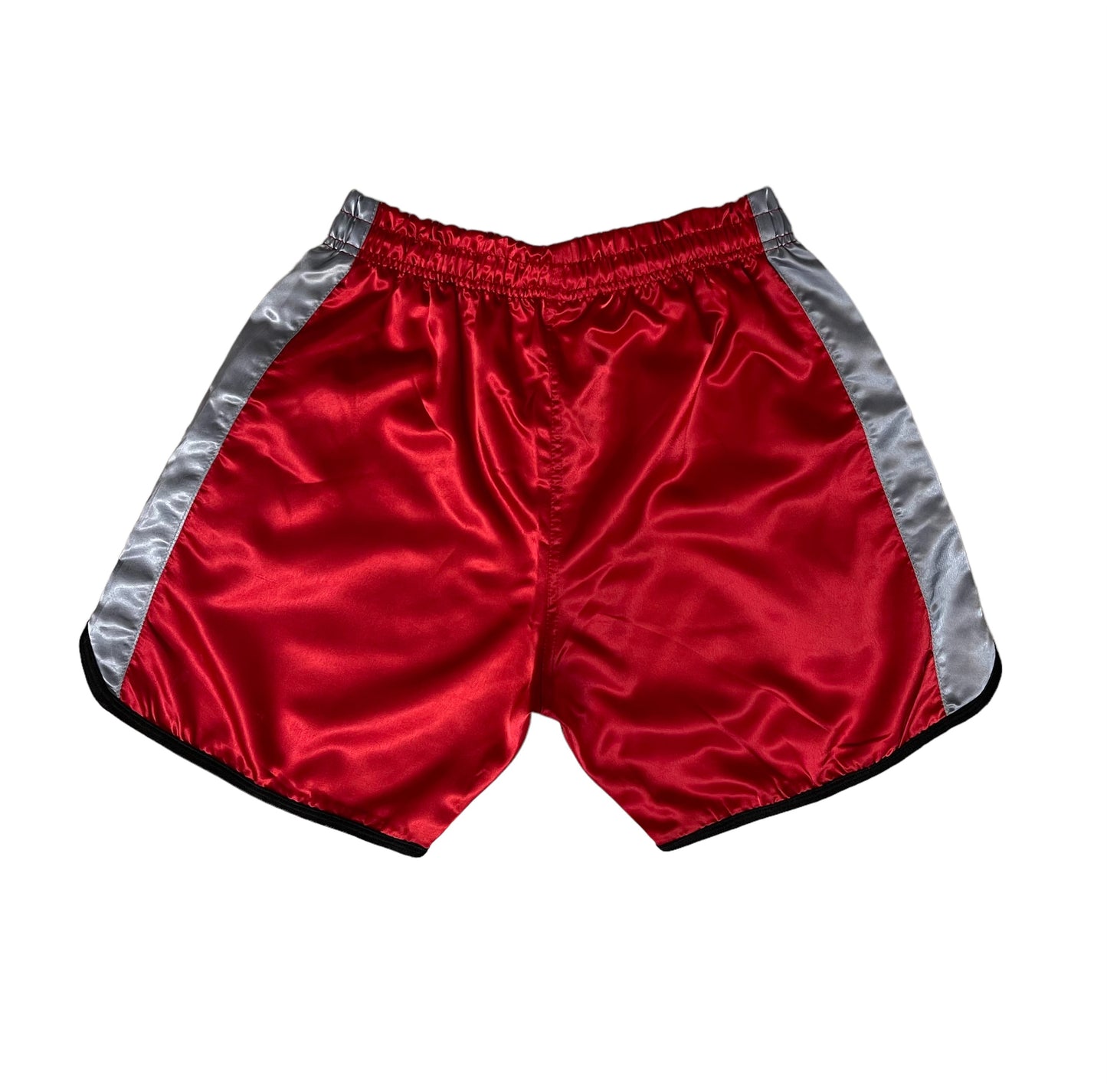 Glossy Red Sports Shorts with grey Stripes.