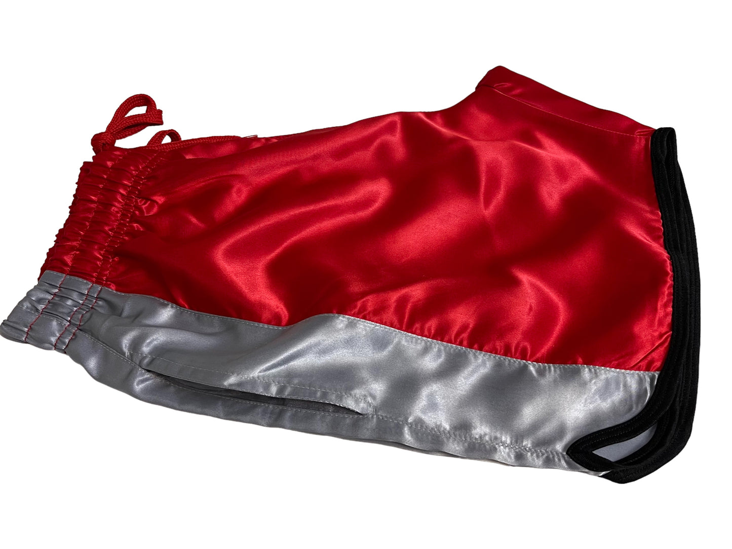 Glossy Red Sports Shorts with grey Stripes.