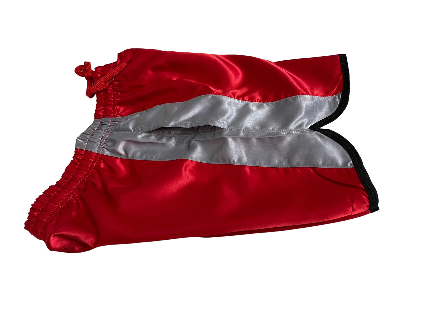 Glossy Red Sports Shorts with grey Stripes.