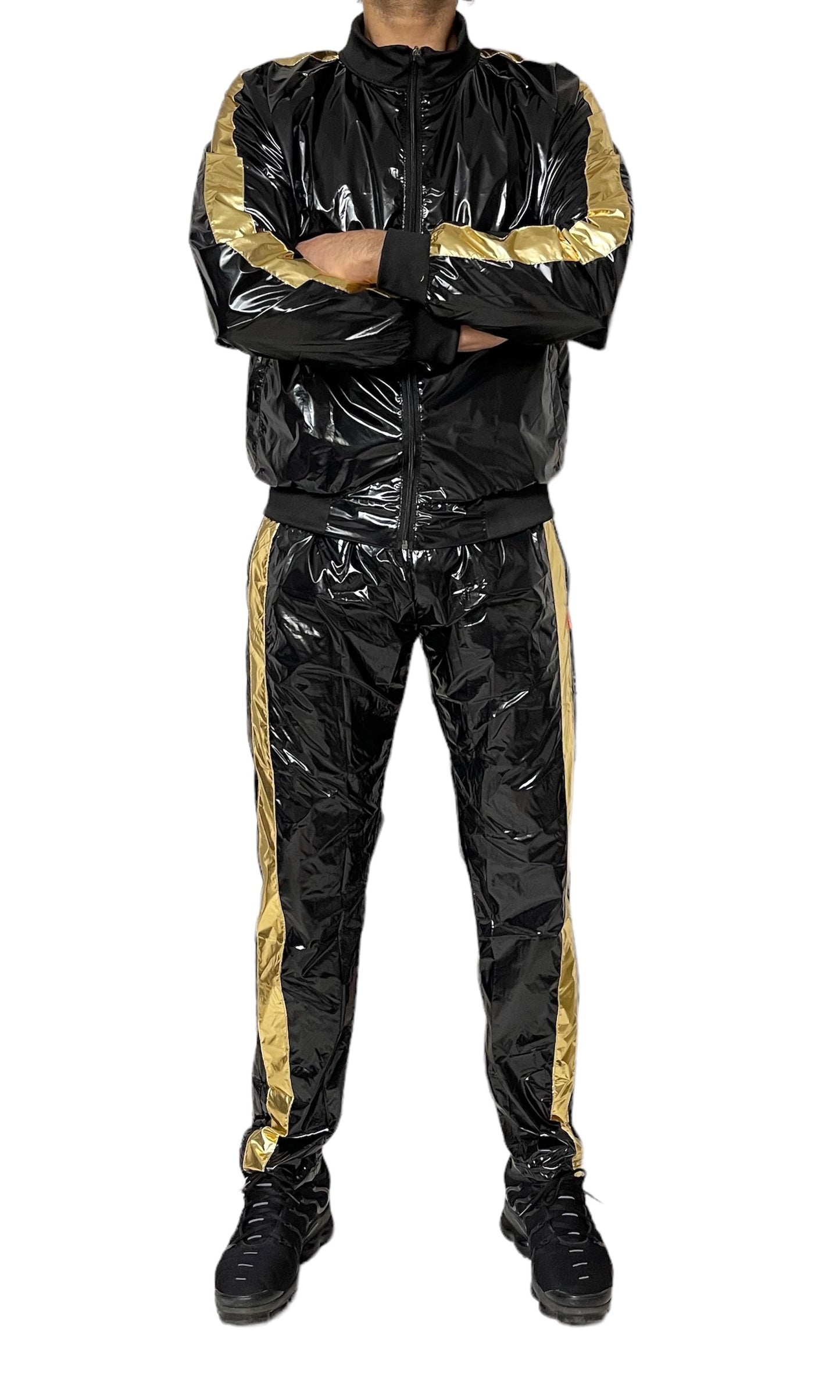 .Shiny PU Nylon Tracksuit – Retro Sport Style.