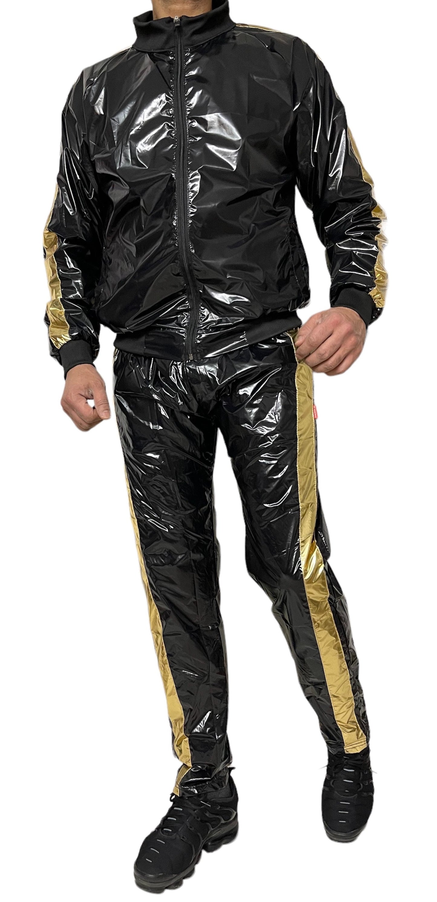 .Shiny PU Nylon Tracksuit – Retro Sport Style.