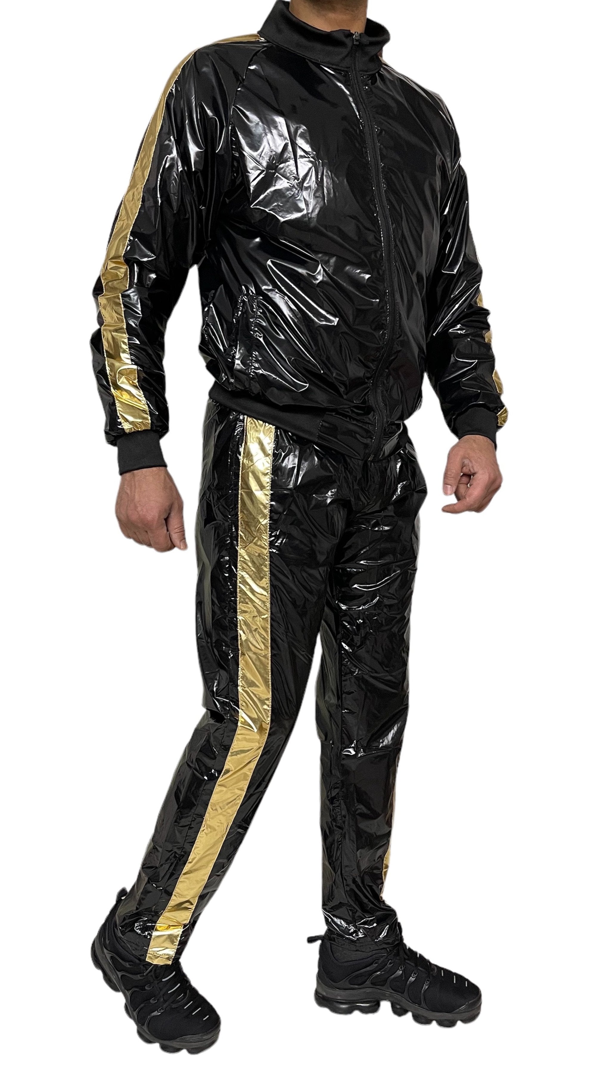 Shiny PU Nylon Tracksuit – Retro Sport Style.