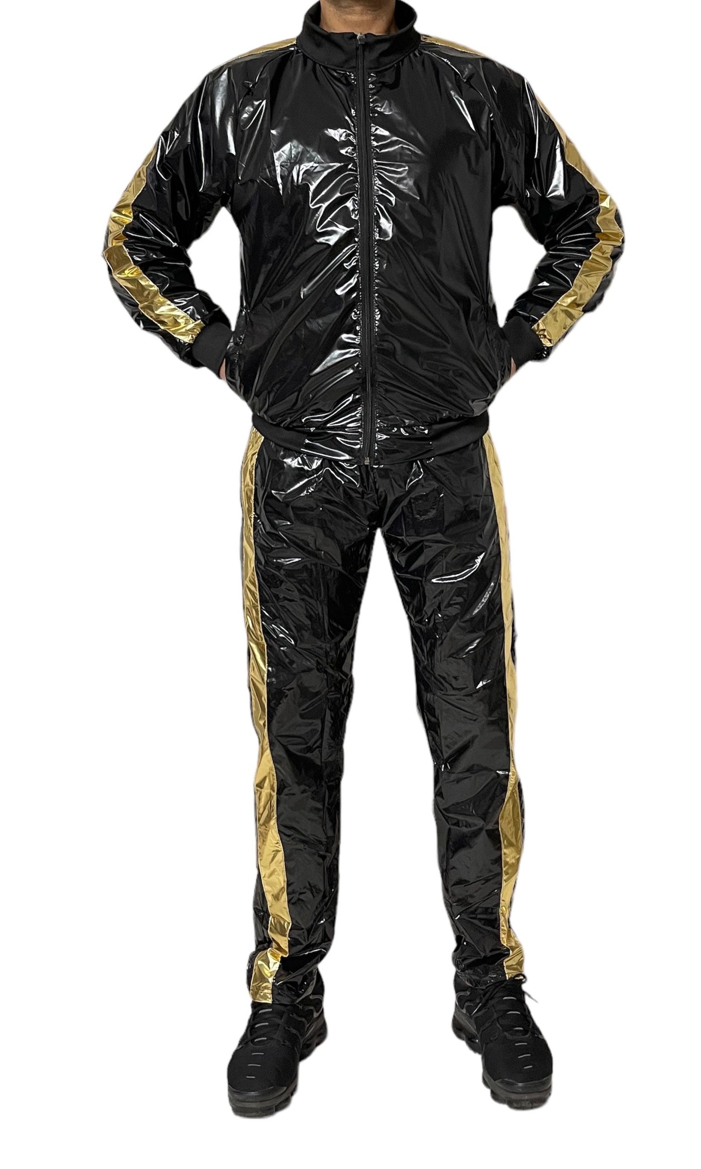 .Shiny PU Nylon Tracksuit – Retro Sport Style.