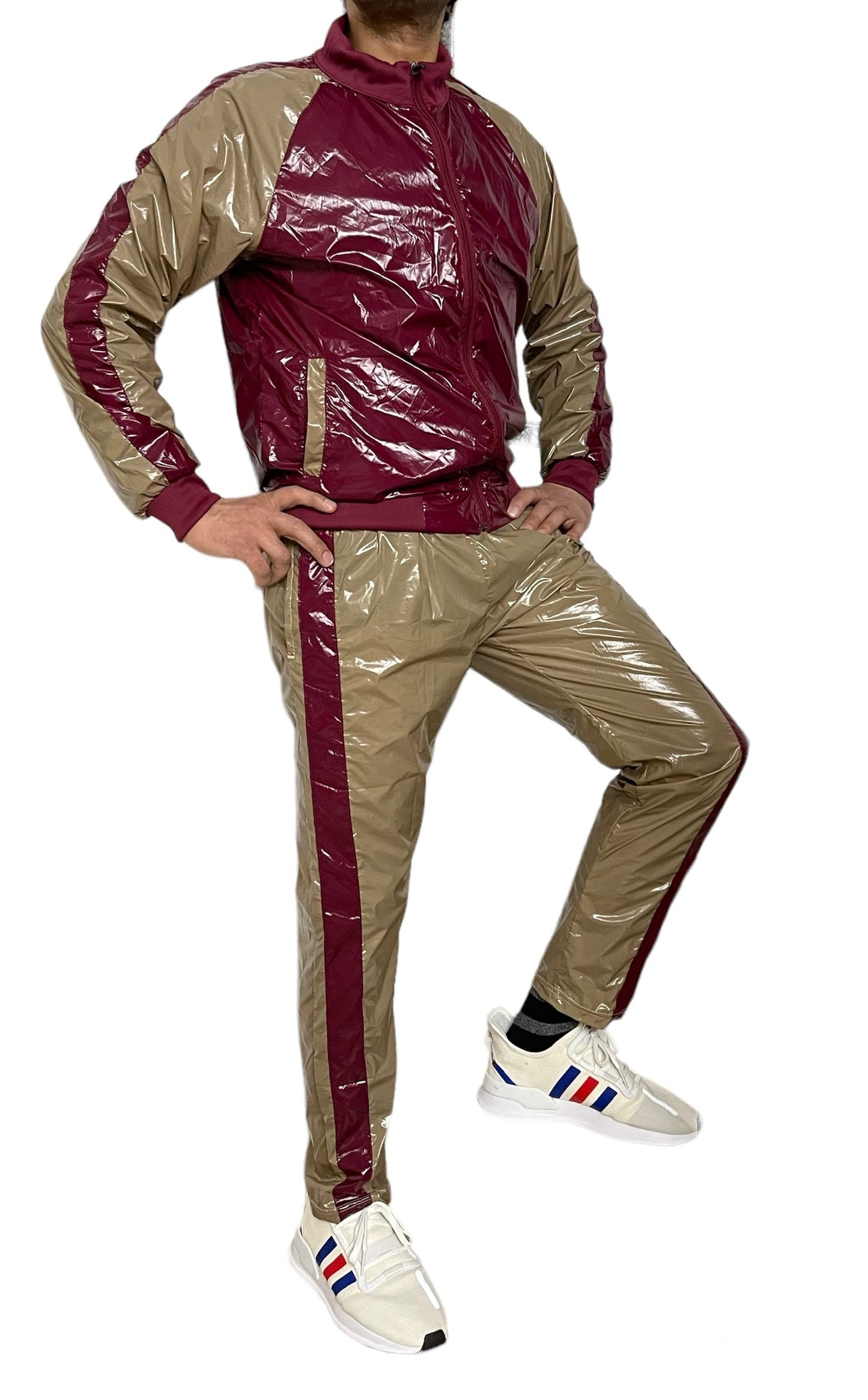 .PU nylon sport jogging suit made of PU nylon Weinrot und knochenbraun