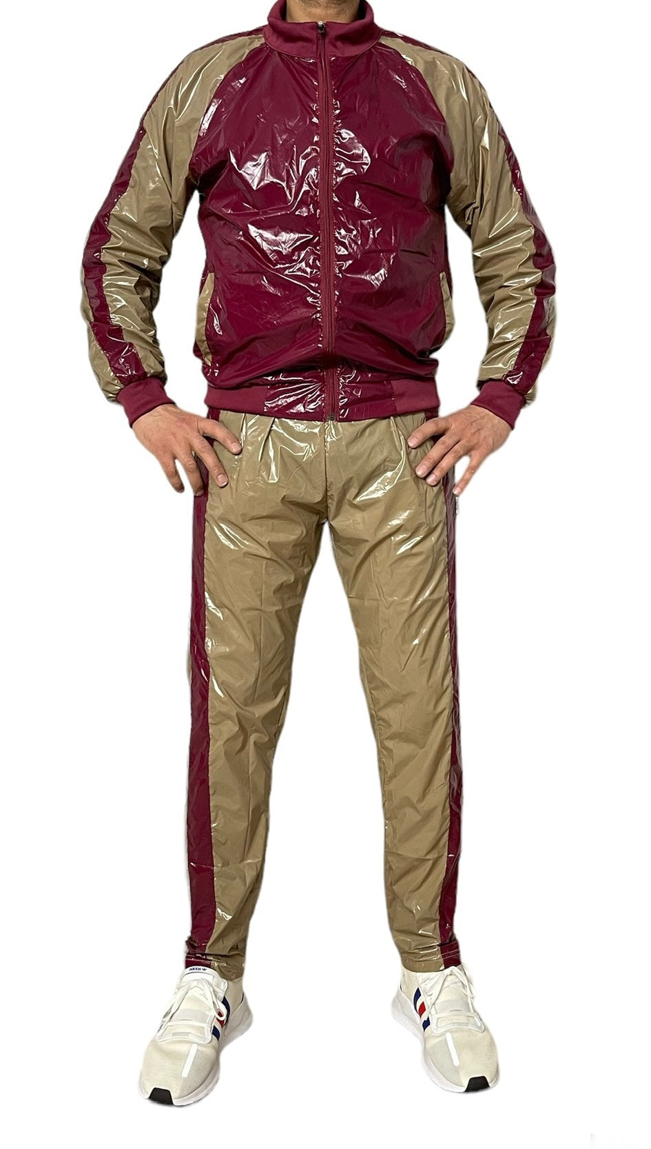 .PU nylon sport jogging suit made of PU nylon Weinrot und knochenbraun
