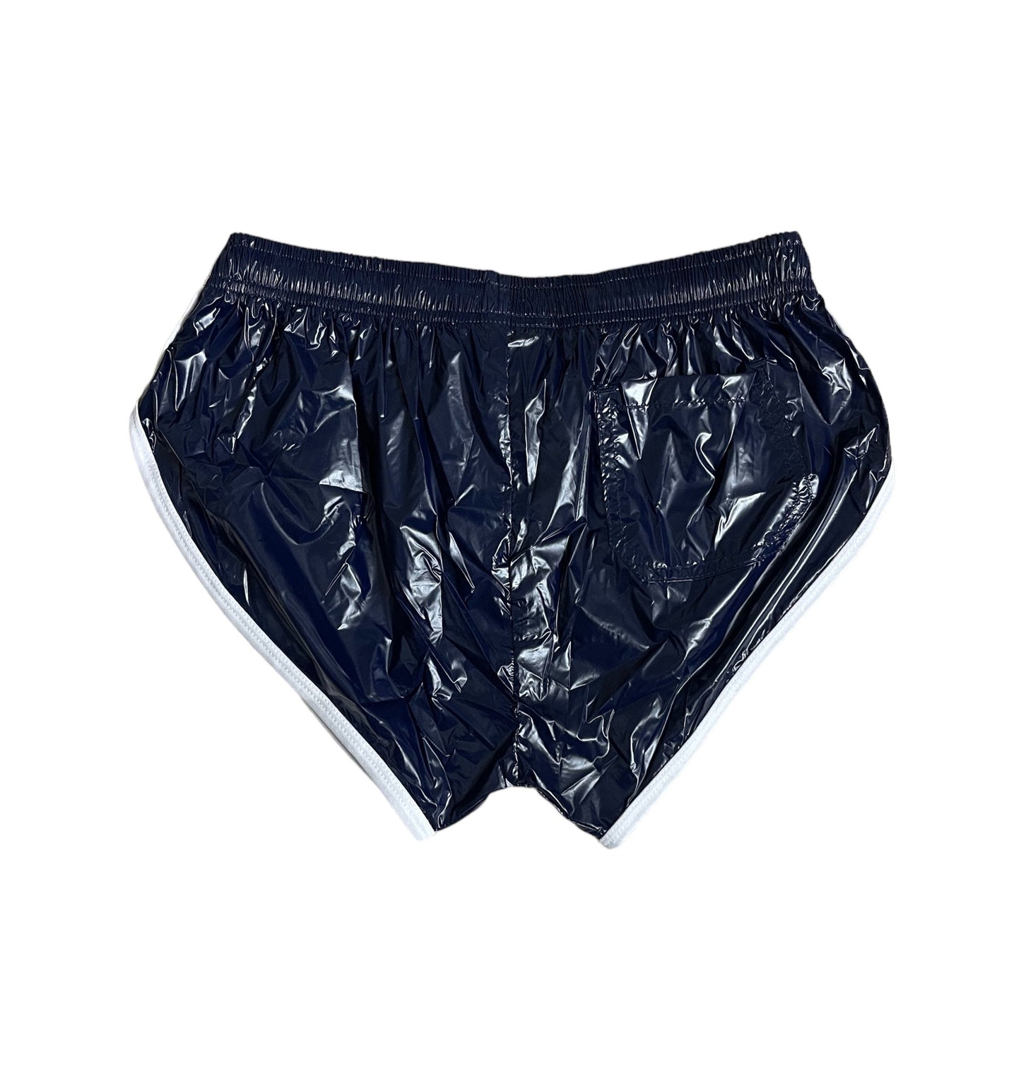 PU Nylon Dunkelblaue High Cut Sport Sprint Shorts mit Gummizug Retro Shorts