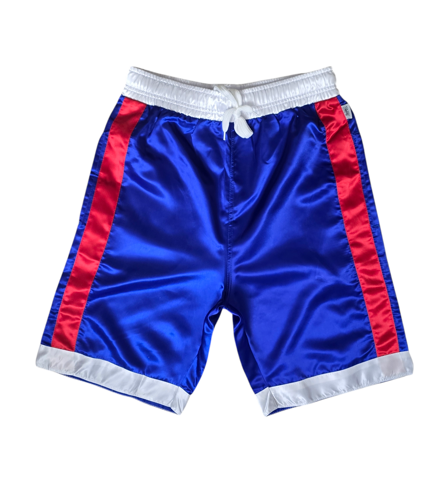 Glossy White Sports Shorts with Royal Blue and Whie/Red Stripes.